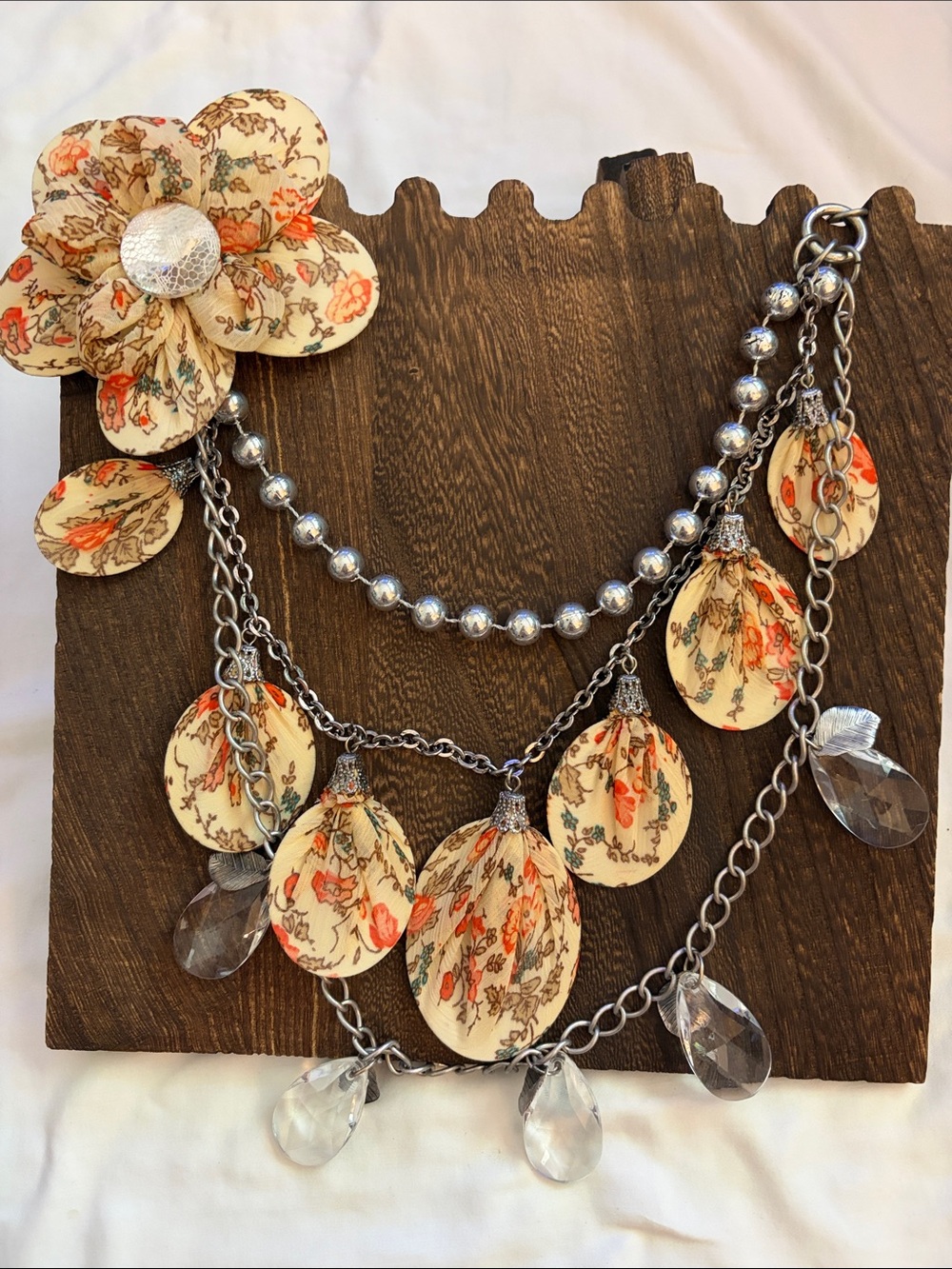 Floral Fabric Multi-Strand Statement Necklace - Cream & Orange